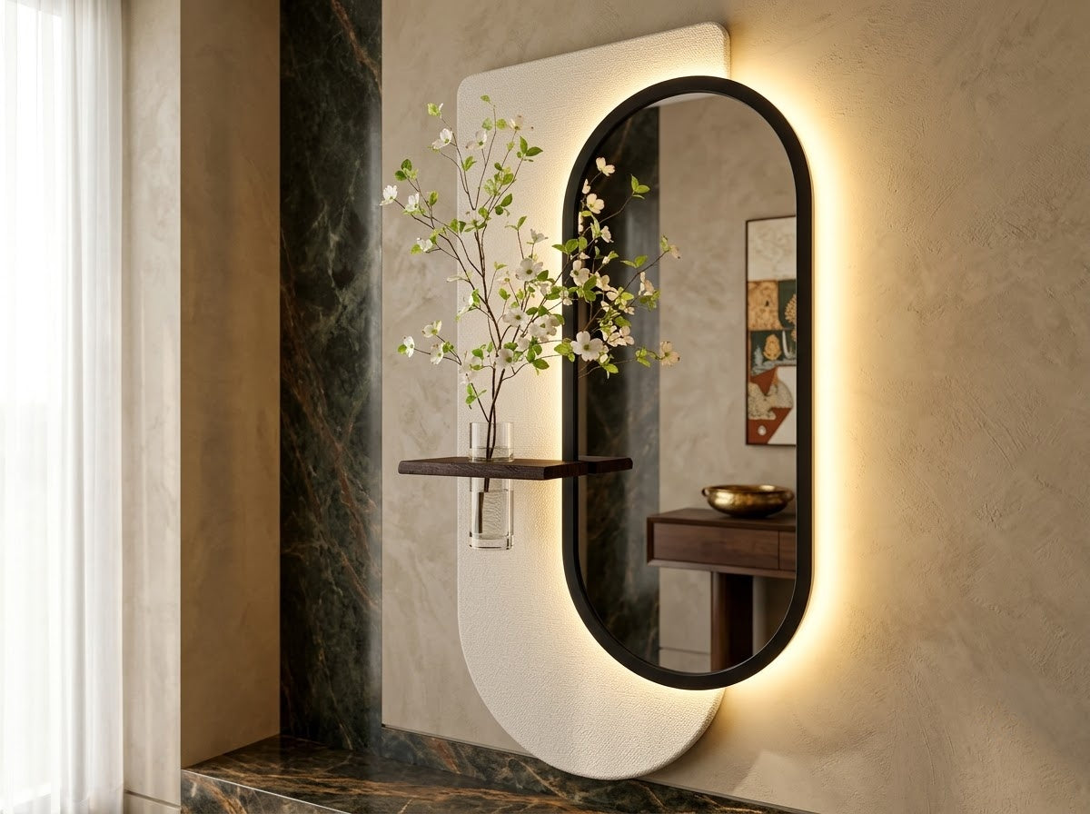 An oval wall mirror with a black frame and warm LED backlighting, mounted on a textured beige wall. A small floating dark wood shelf extends to the left of the mirror, holding a clear glass vase with white blossoms.