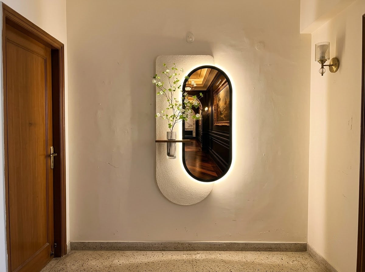 LED wall art with integrated mirror installed as a modern wall feature