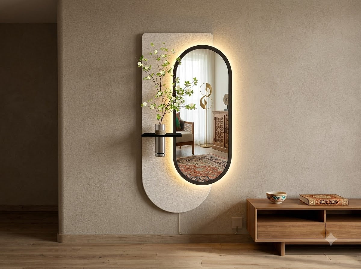 Close-up detail of LED wall art with mirror and premium finish
