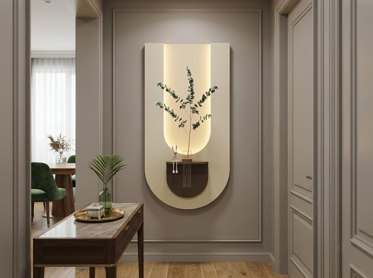 LED wall art with warm white backlight and glass flower vase
