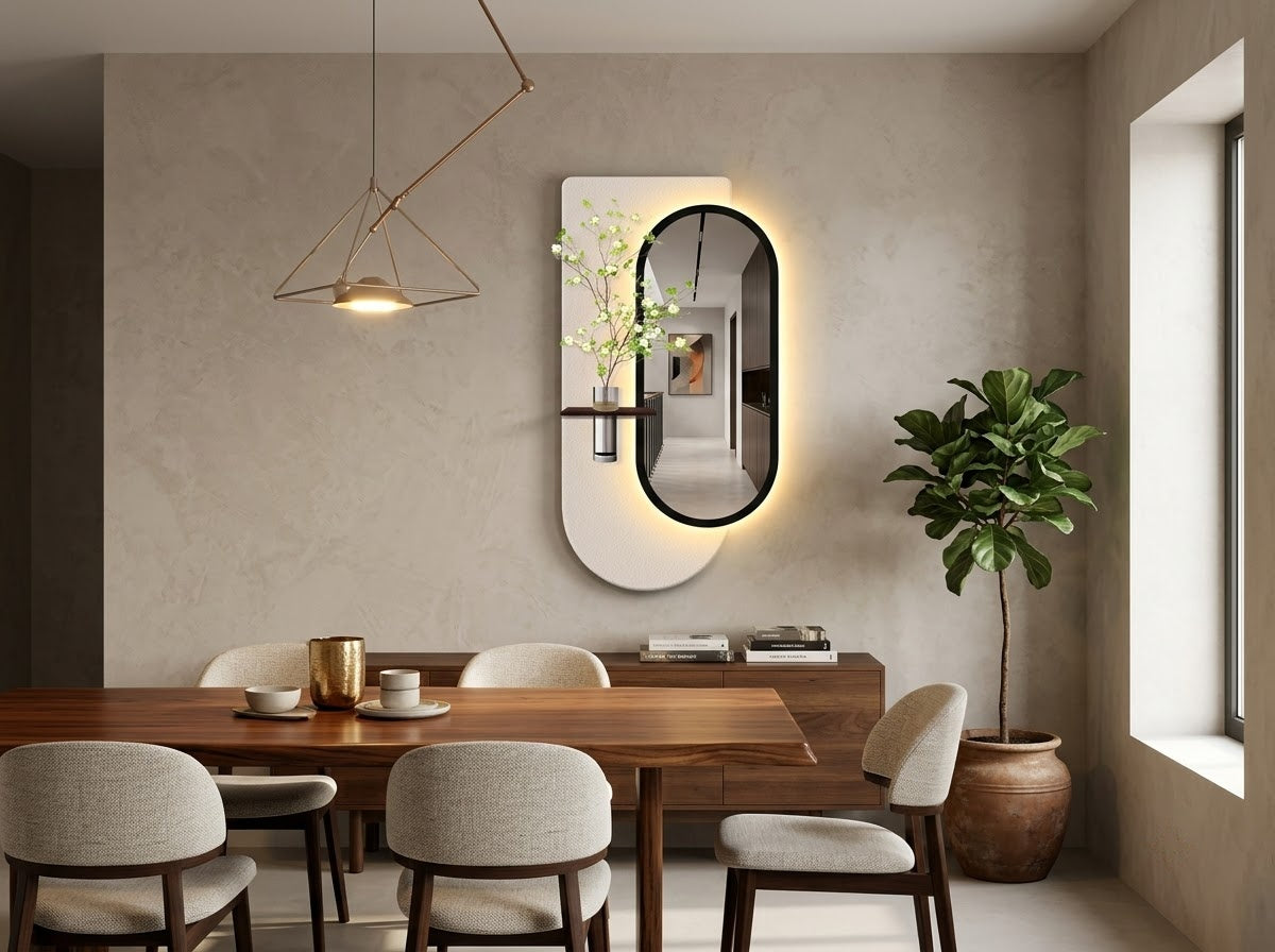 Modern LED wall art featuring an integrated mirror and warm backlight