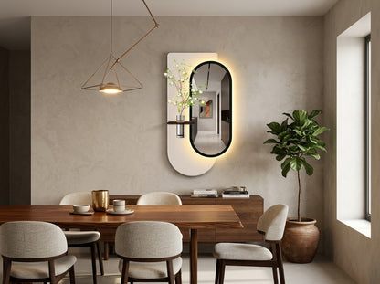 Modern LED wall art featuring an integrated mirror and warm backlight